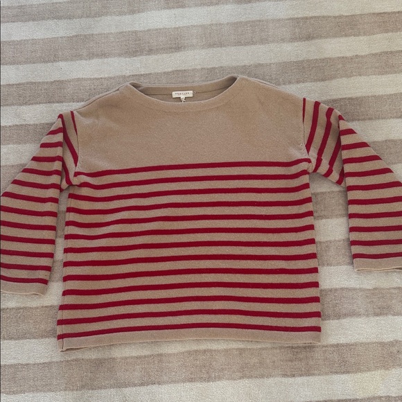 Demylee Sweaters - Elegant 💯 merino wool Beige and Red Striped Women's Sweater